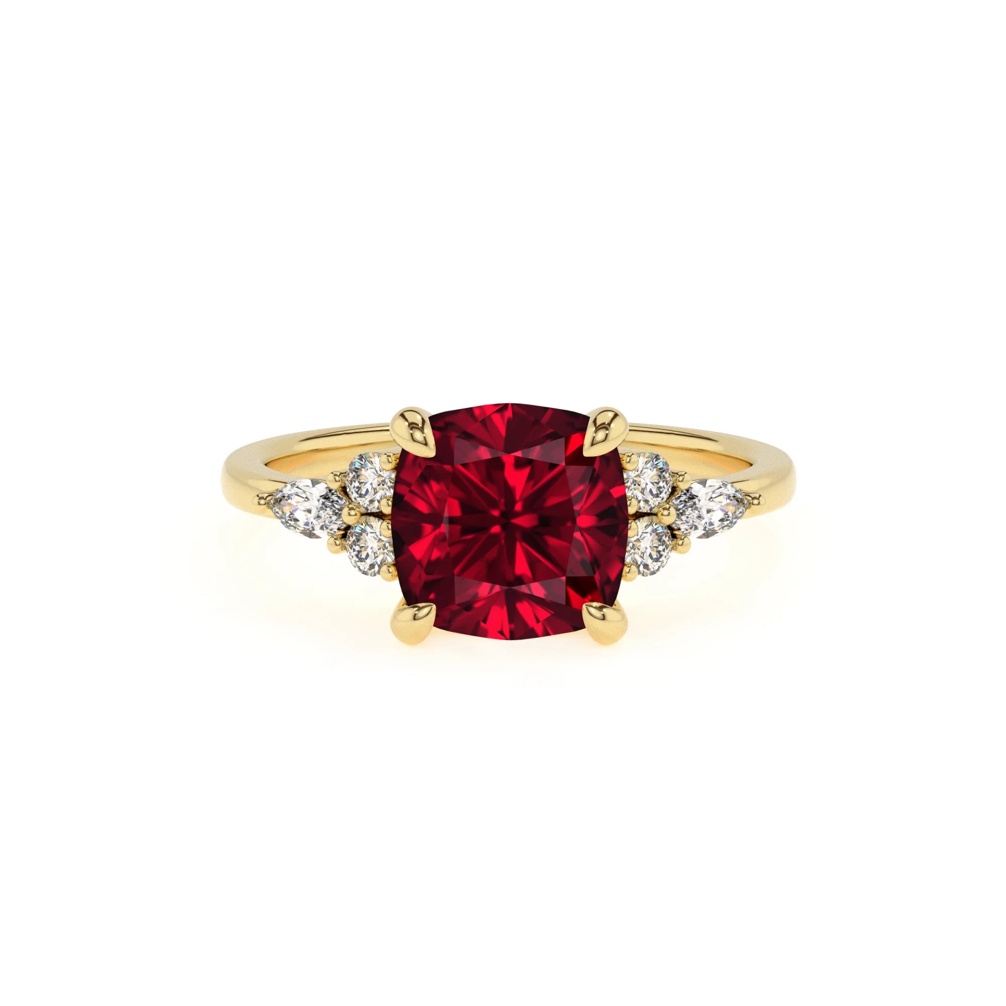 lab grown ruby cushion solitaire rings in yellow gold
