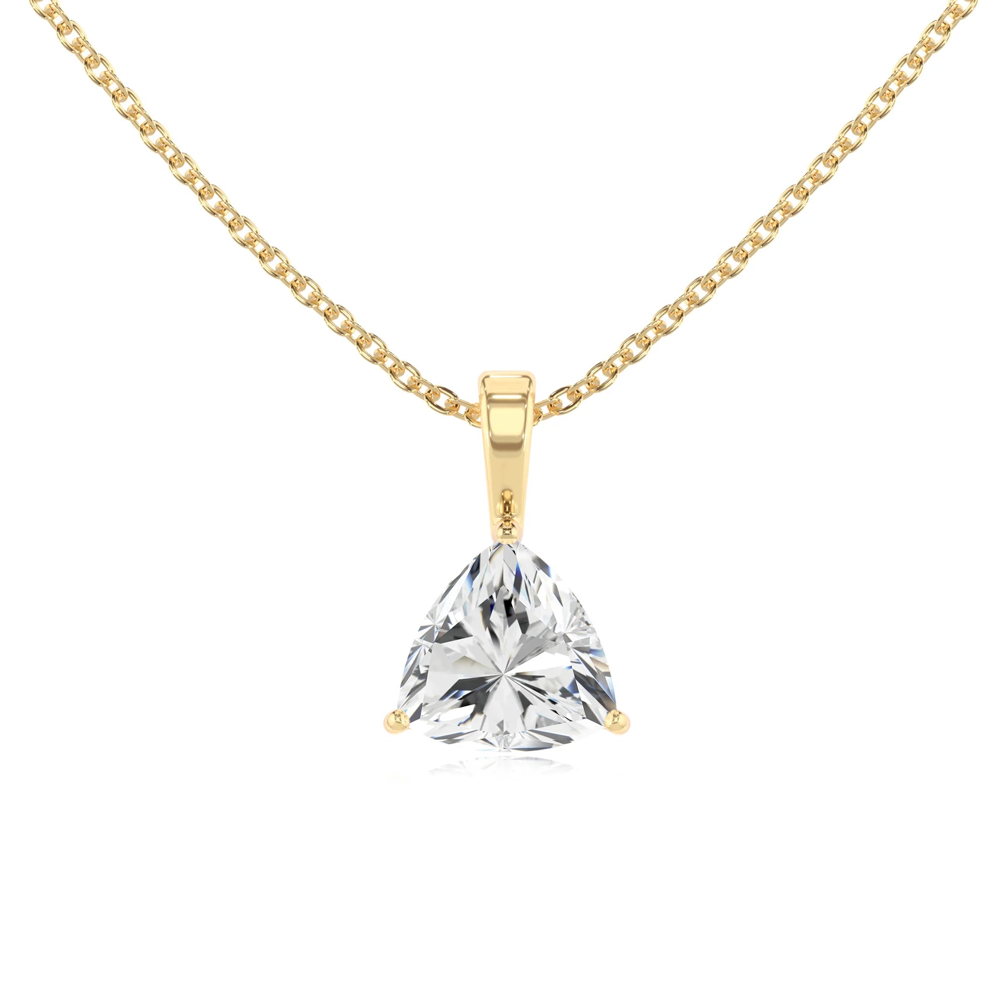 lab grown moissanite trillion solitaire necklaces in yellow gold