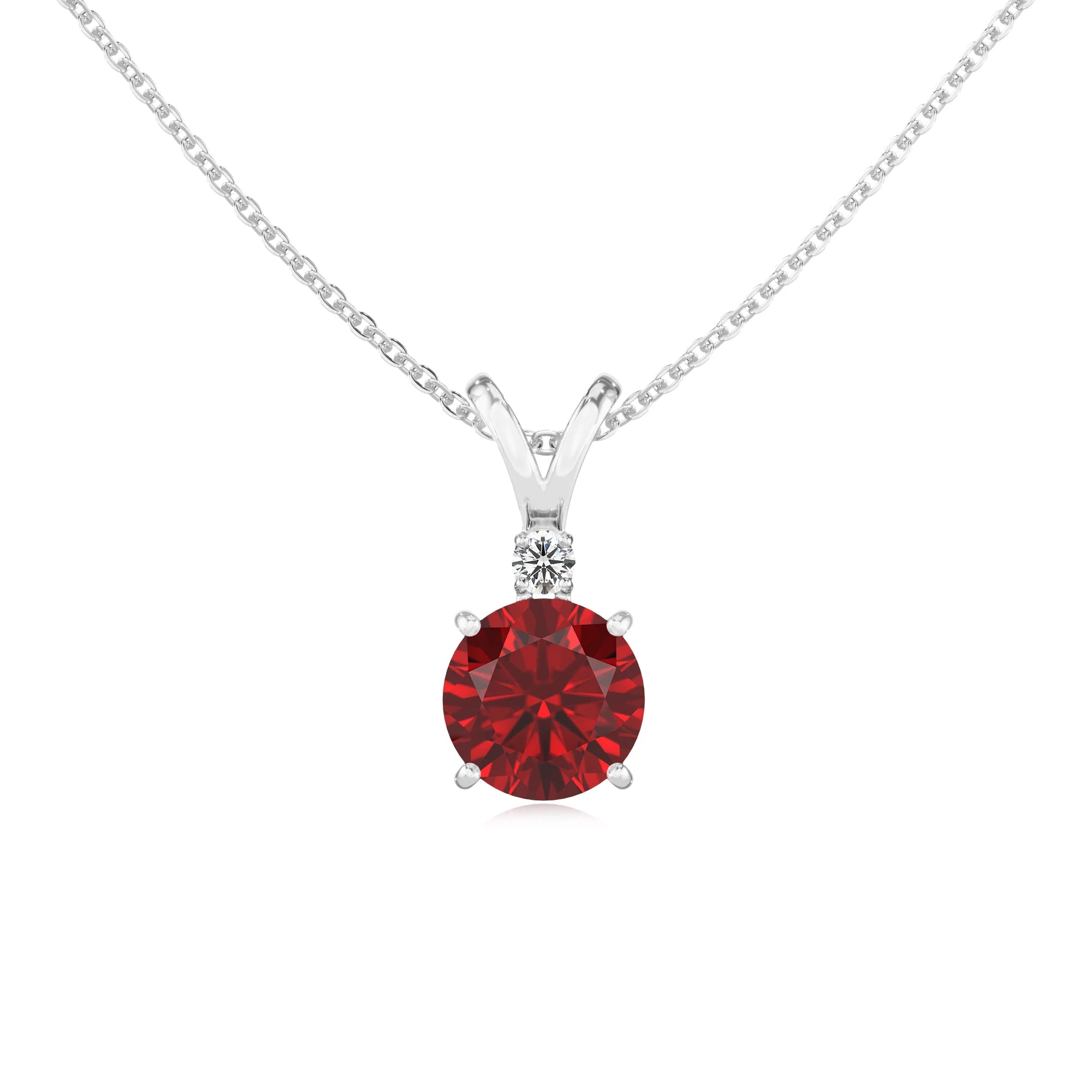 lab grown ruby round solitaire v-bale necklaces in platinum
