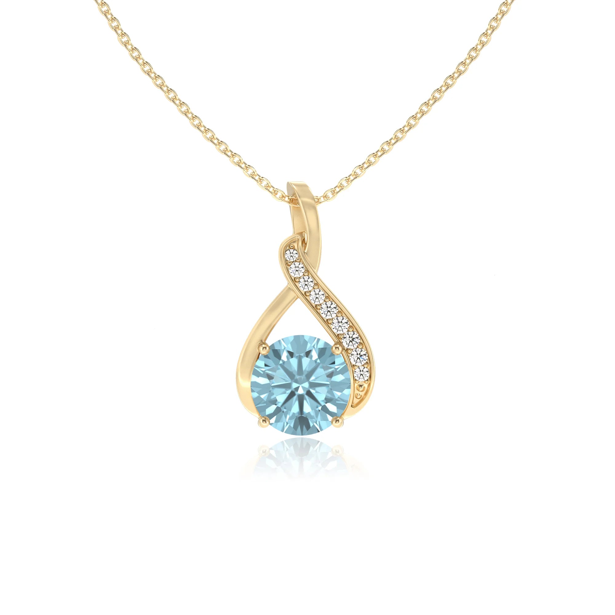 lab grown aquamarine round solitaire necklaces in yellow gold