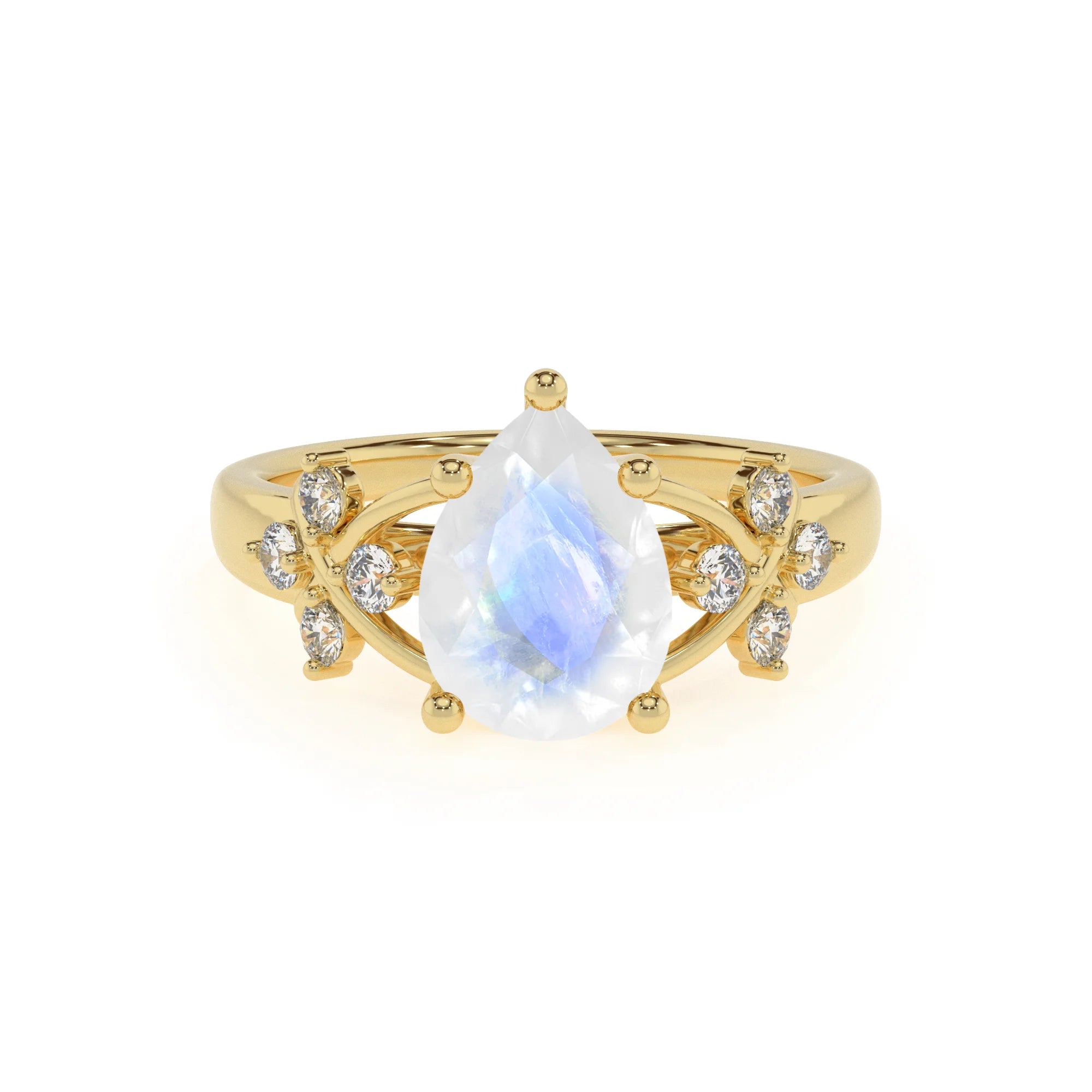 natural rainbow-moonstone pear solitaire rings in yellow gold