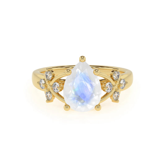 natural rainbow-moonstone pear solitaire rings in yellow gold