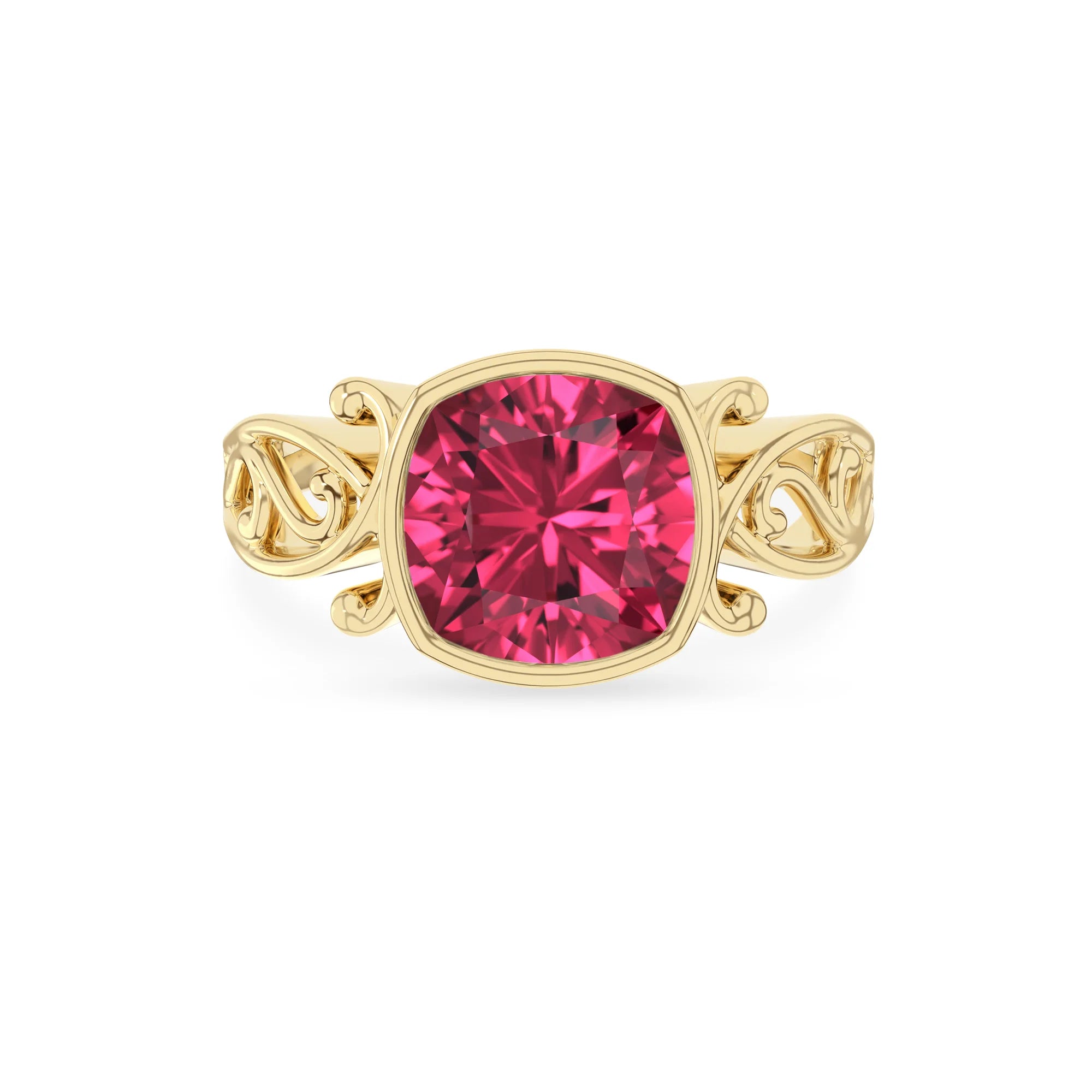 lab grown pink-tourmaline cushion solitaire rings in yellow gold