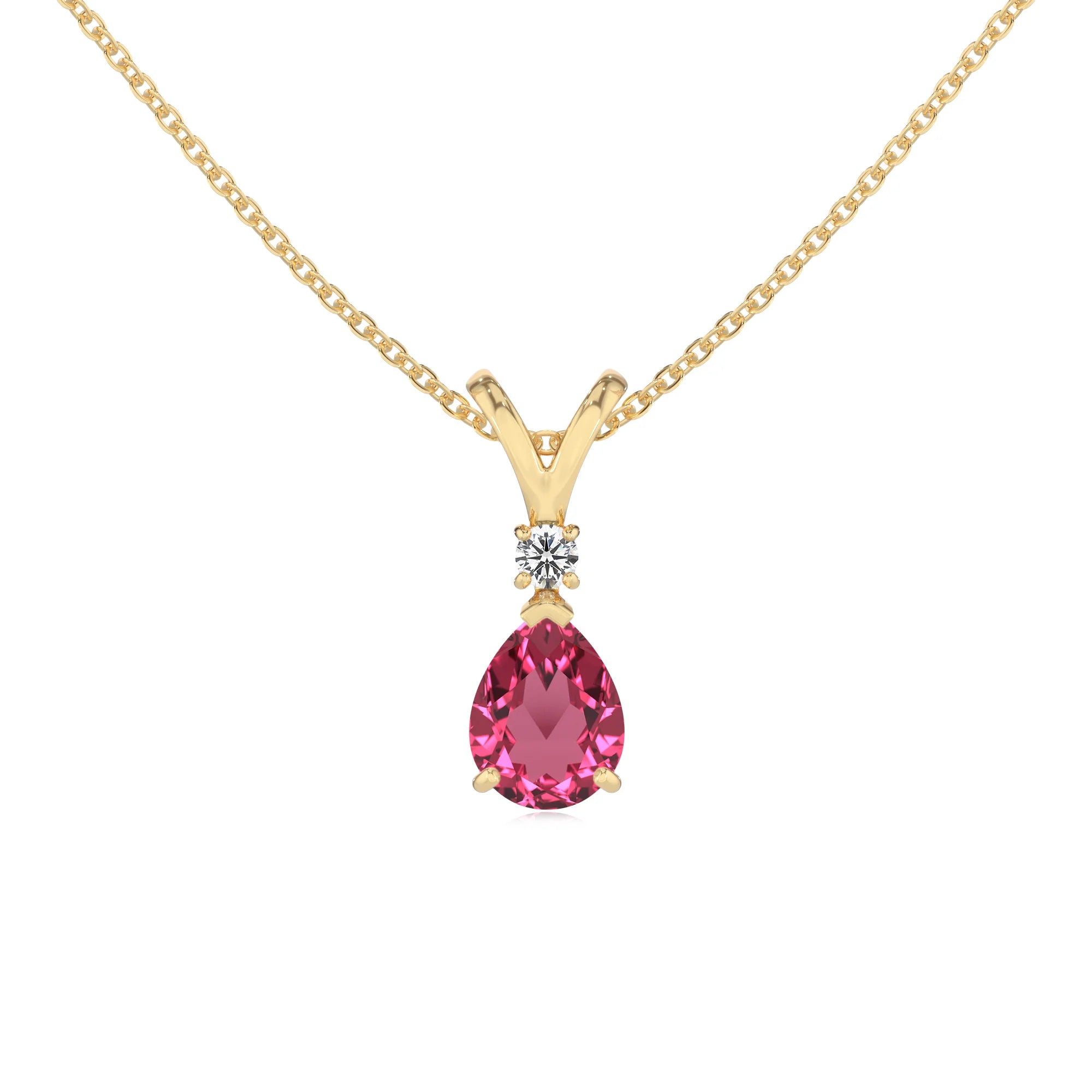 lab grown pink-tourmaline pear solitaire v-bale necklaces in yellow gold