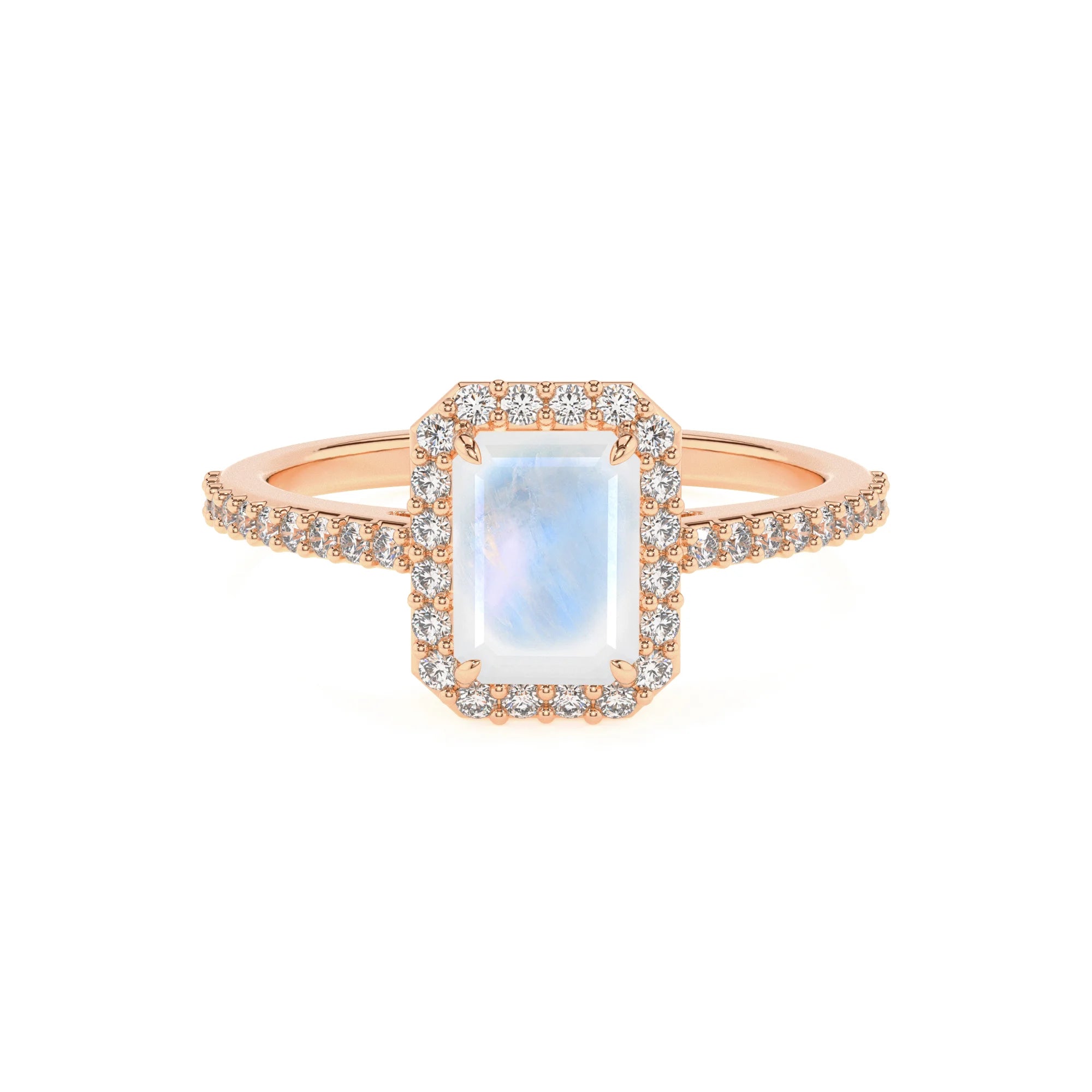 natural rainbow-moonstone emerald cut solitaire rings in rose gold
