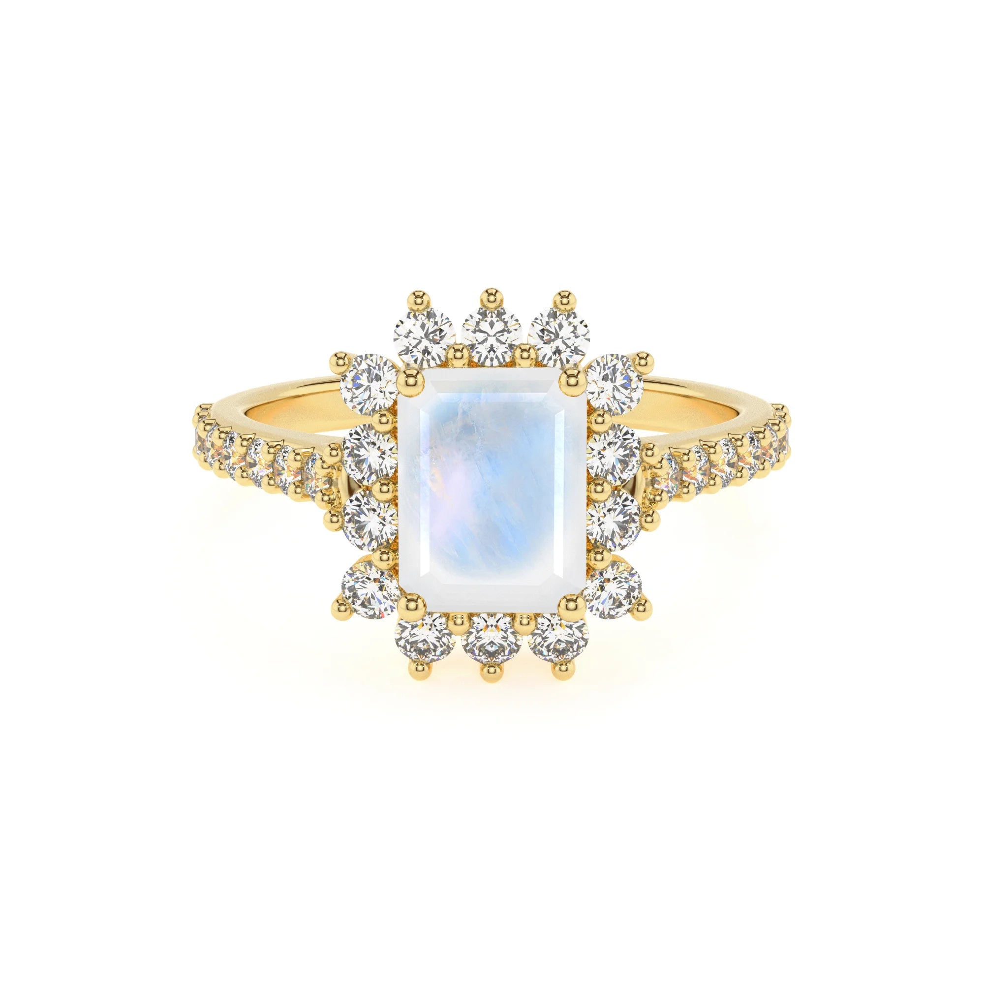 natural rainbow-moonstone emerald cut solitaire rings in yellow gold