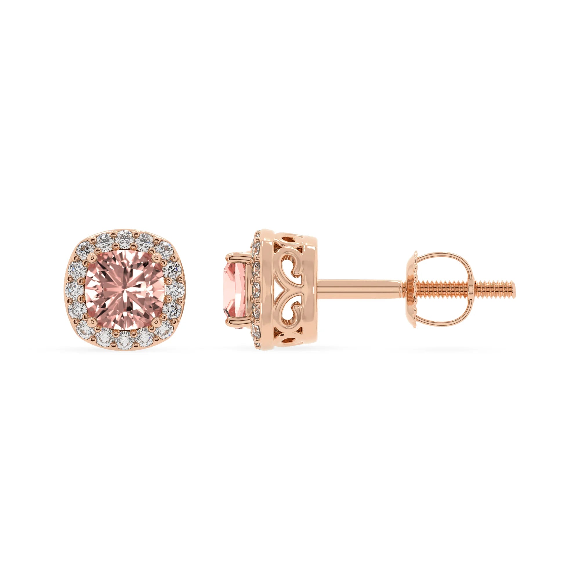 lab grown morganite cushion stud earrings in rose gold