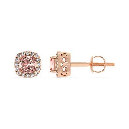 lab grown morganite cushion stud earrings in rose gold