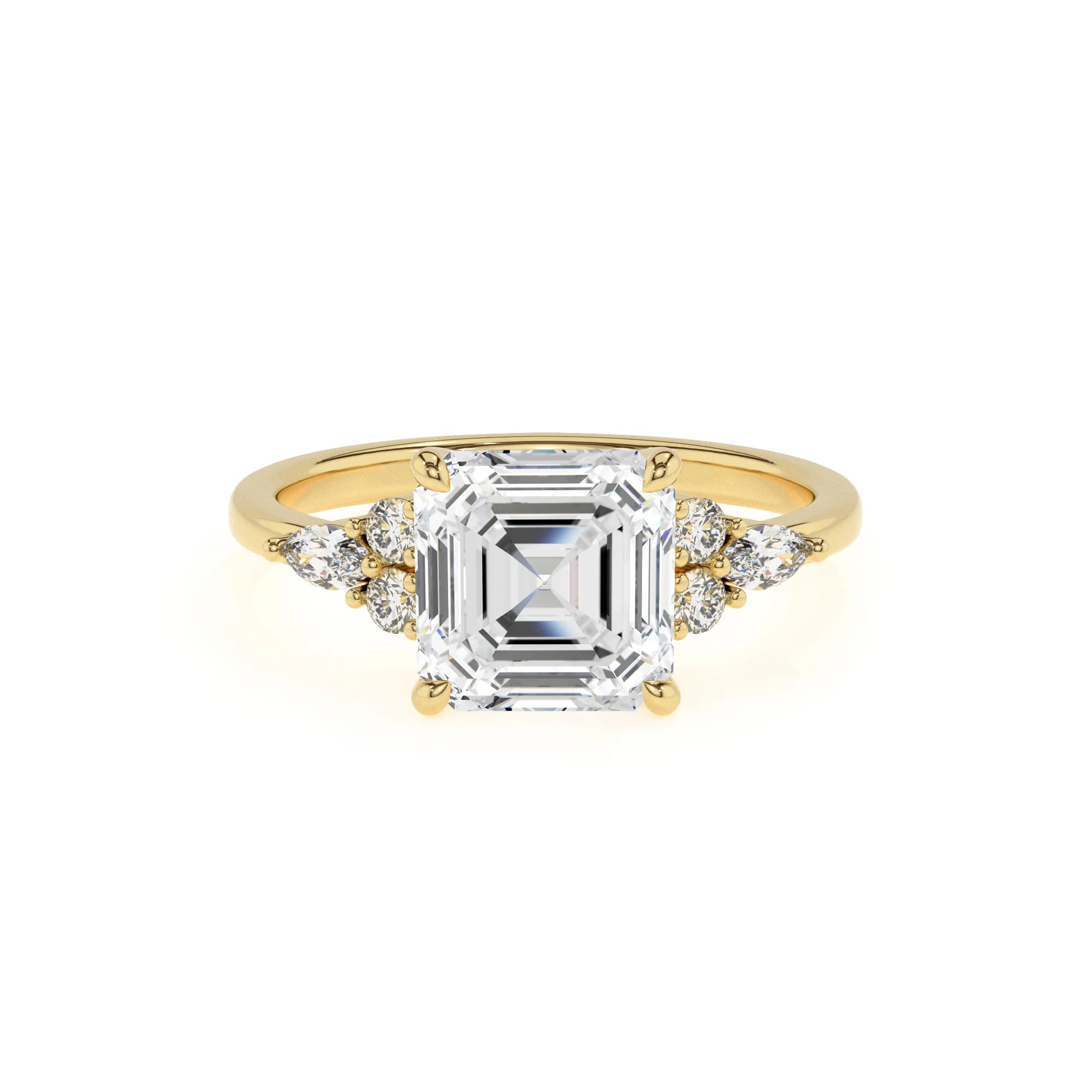 lab grown moissanite asscher solitaire rings in yellow gold