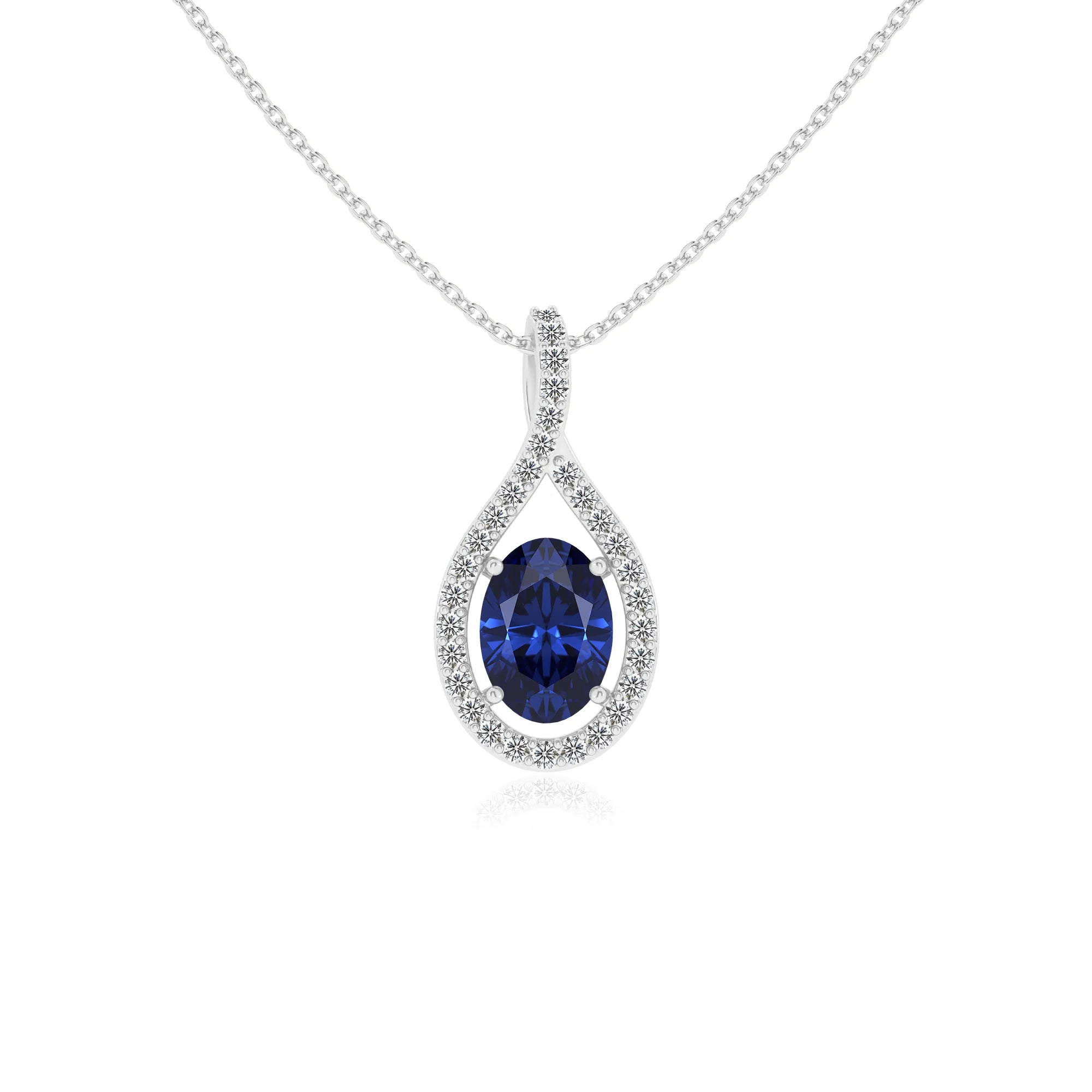 lab grown blue-sapphire oval solitaire necklaces in white gold