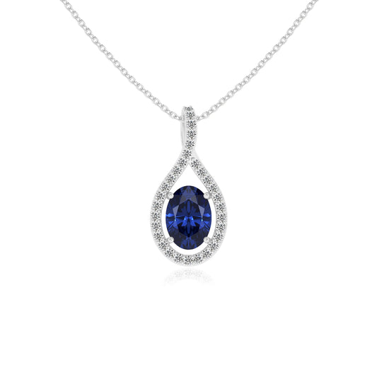 lab grown blue-sapphire oval solitaire necklaces in white gold