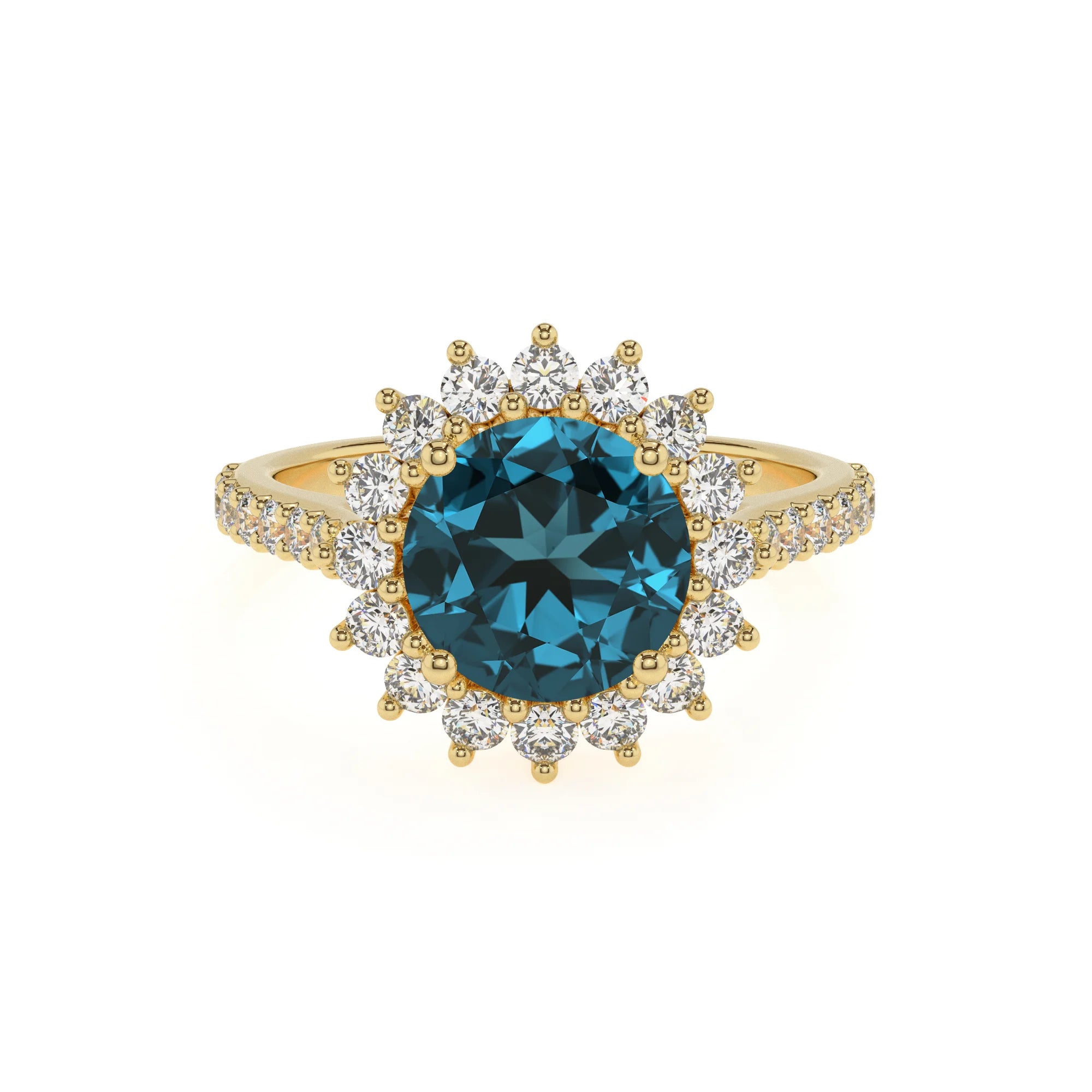 natural london-blue-topaz round solitaire rings in yellow gold
