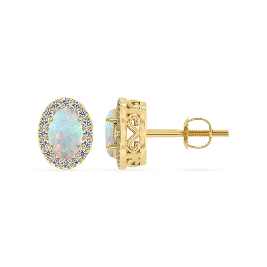 lab grown opal oval stud earrings in yellow gold