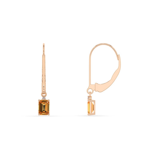 lab grown citrine emerald cut drop earrings in rose gold