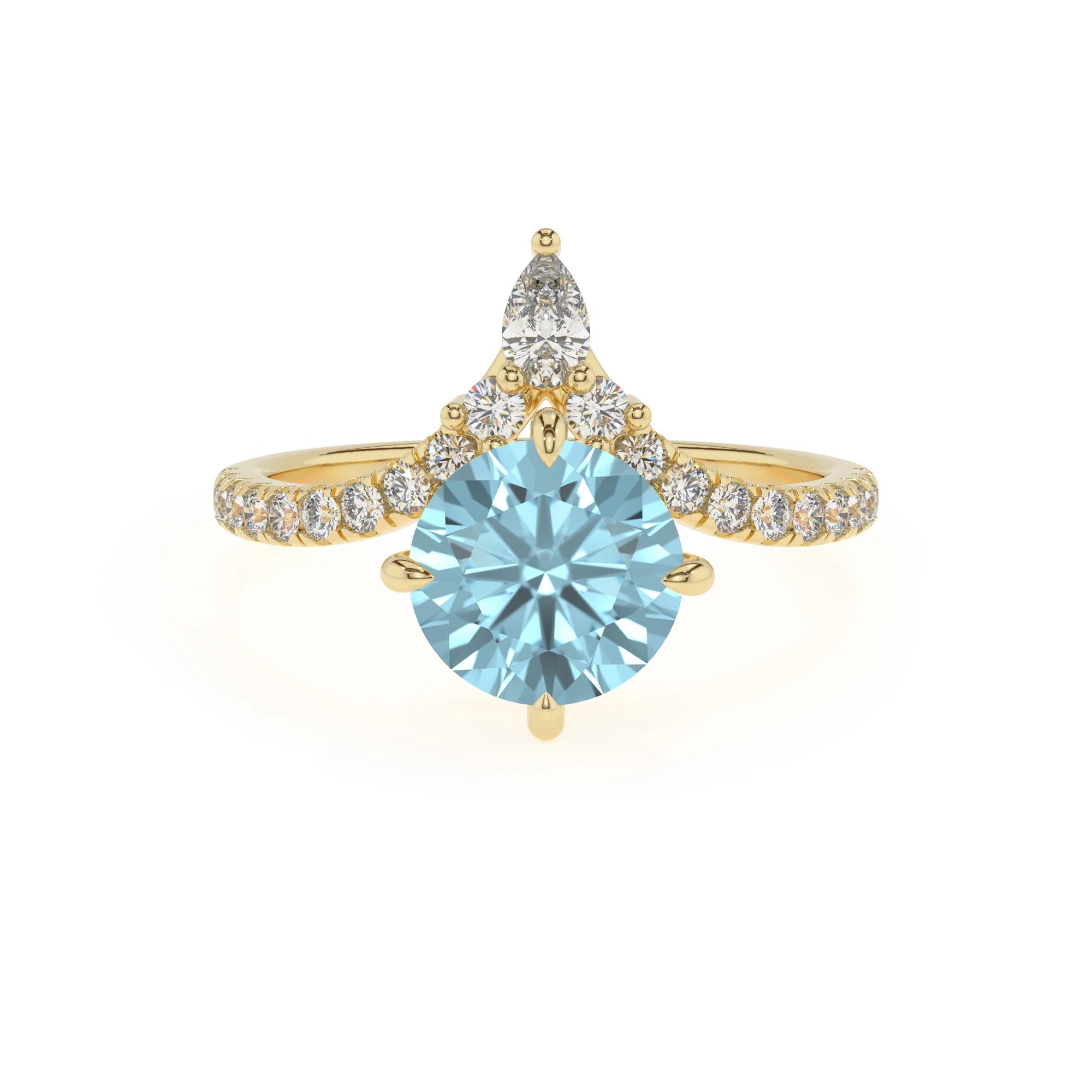 lab grown aquamarine round solitaire rings in yellow gold