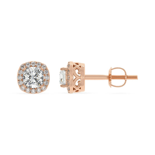 lab grown moissanite cushion stud earrings in rose gold