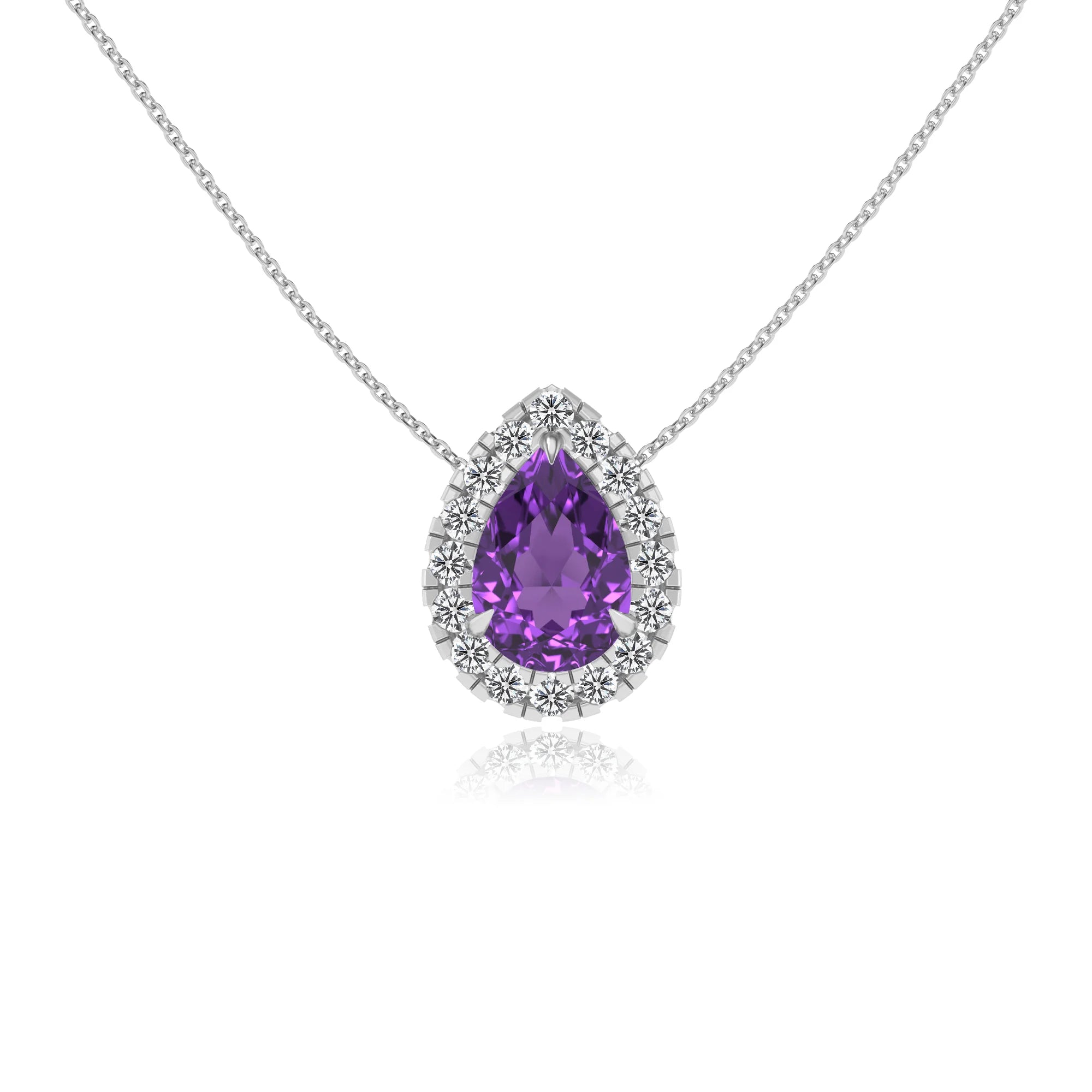 lab grown amethyst pear solitaire necklaces in white gold