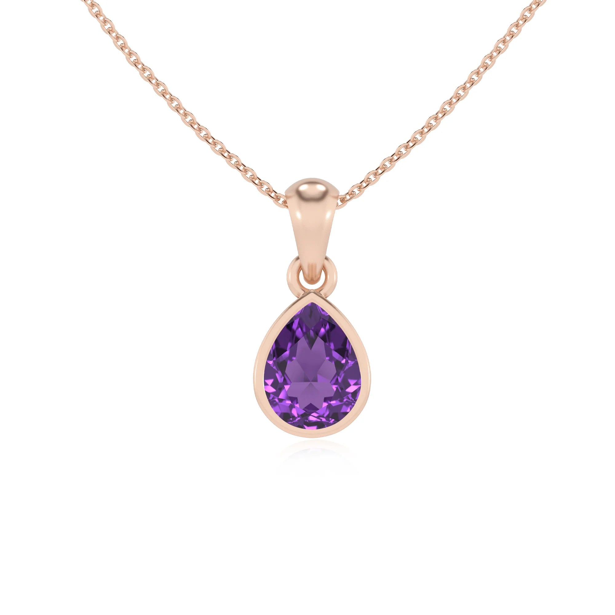 lab grown amethyst pear solitaire necklaces in rose gold