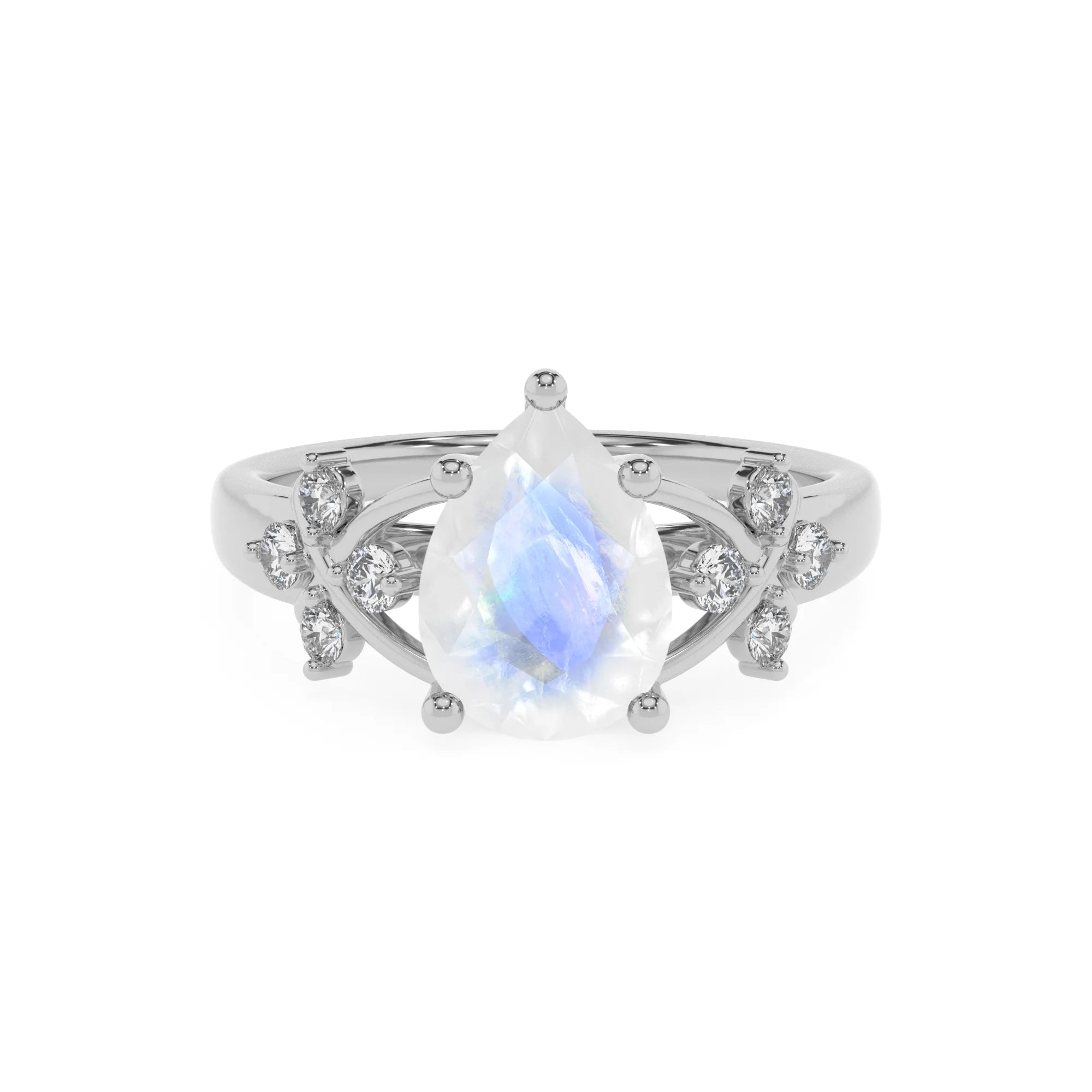 natural rainbow-moonstone pear solitaire rings in platinum