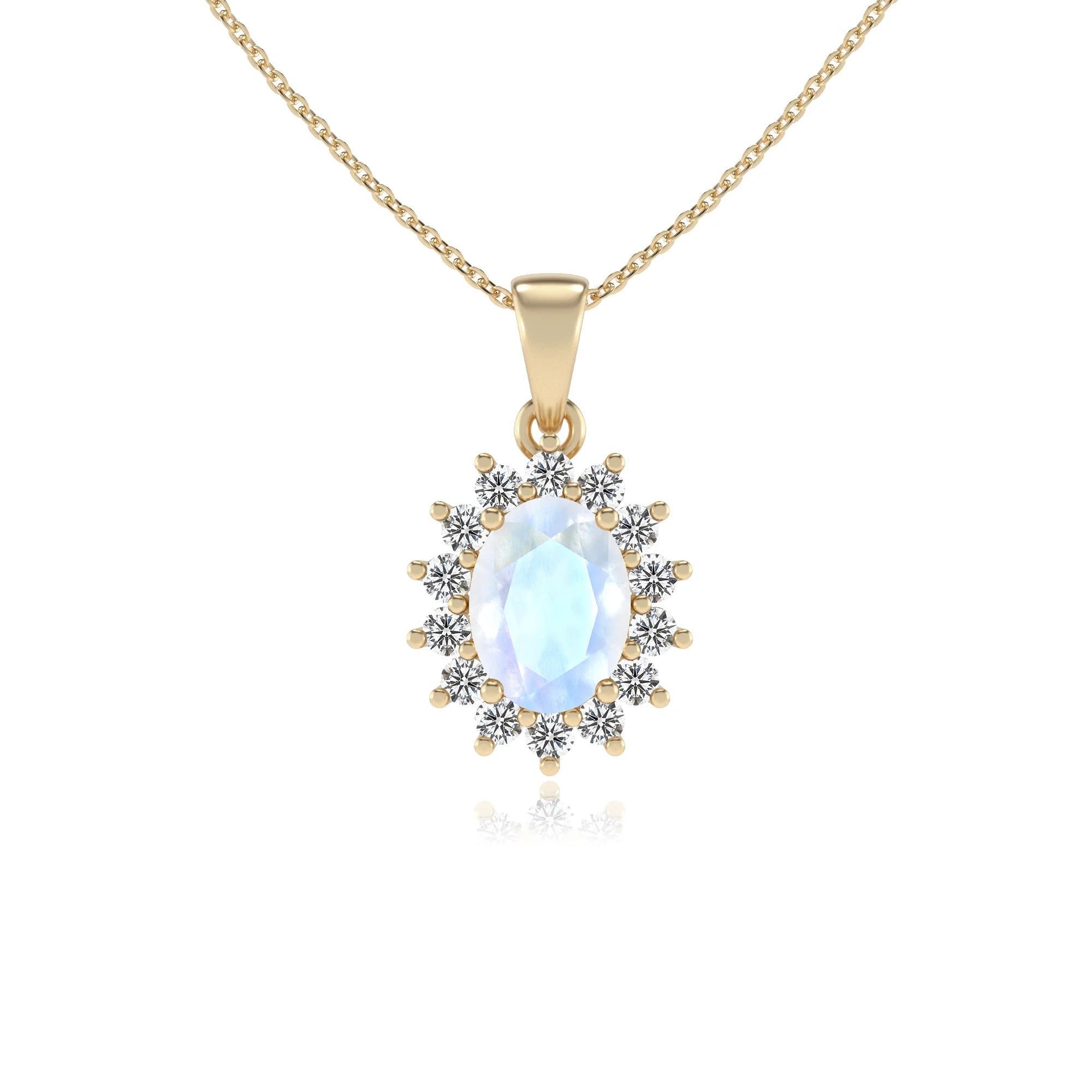 natural rainbow-moonstone oval halo necklaces in yellow gold