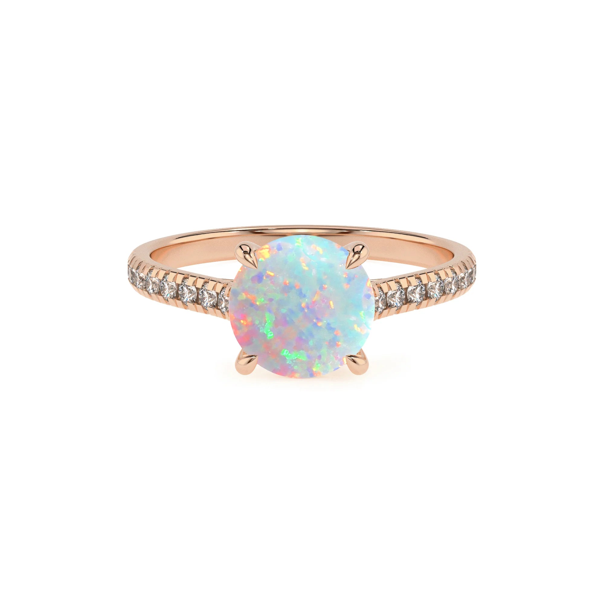 lab grown opal round half eternity solitaire engagement rings in rose gold