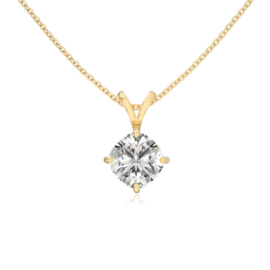 lab grown moissanite cushion solitaire v-bale necklaces in yellow gold