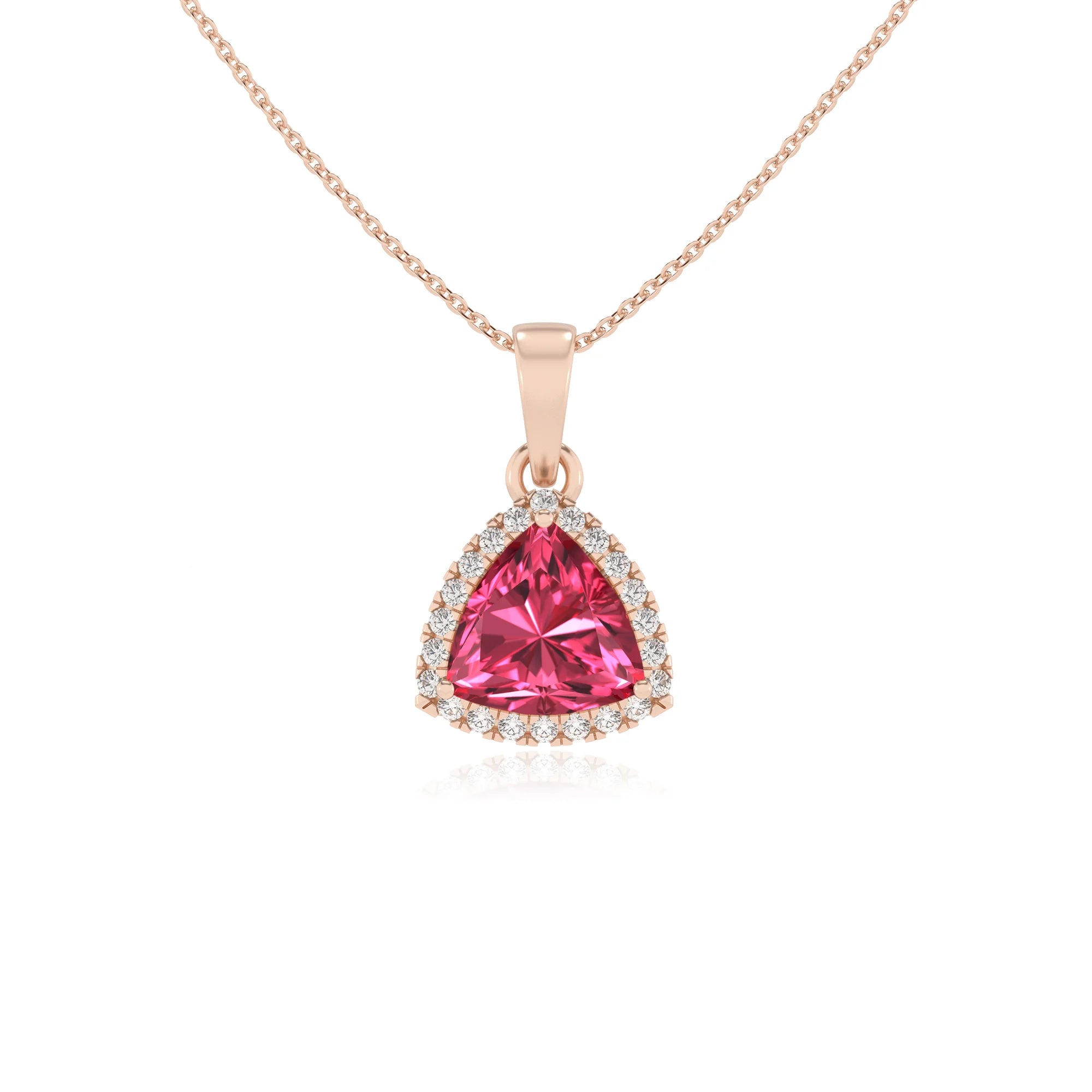 lab grown pink-tourmaline trillion solitaire necklaces in rose gold