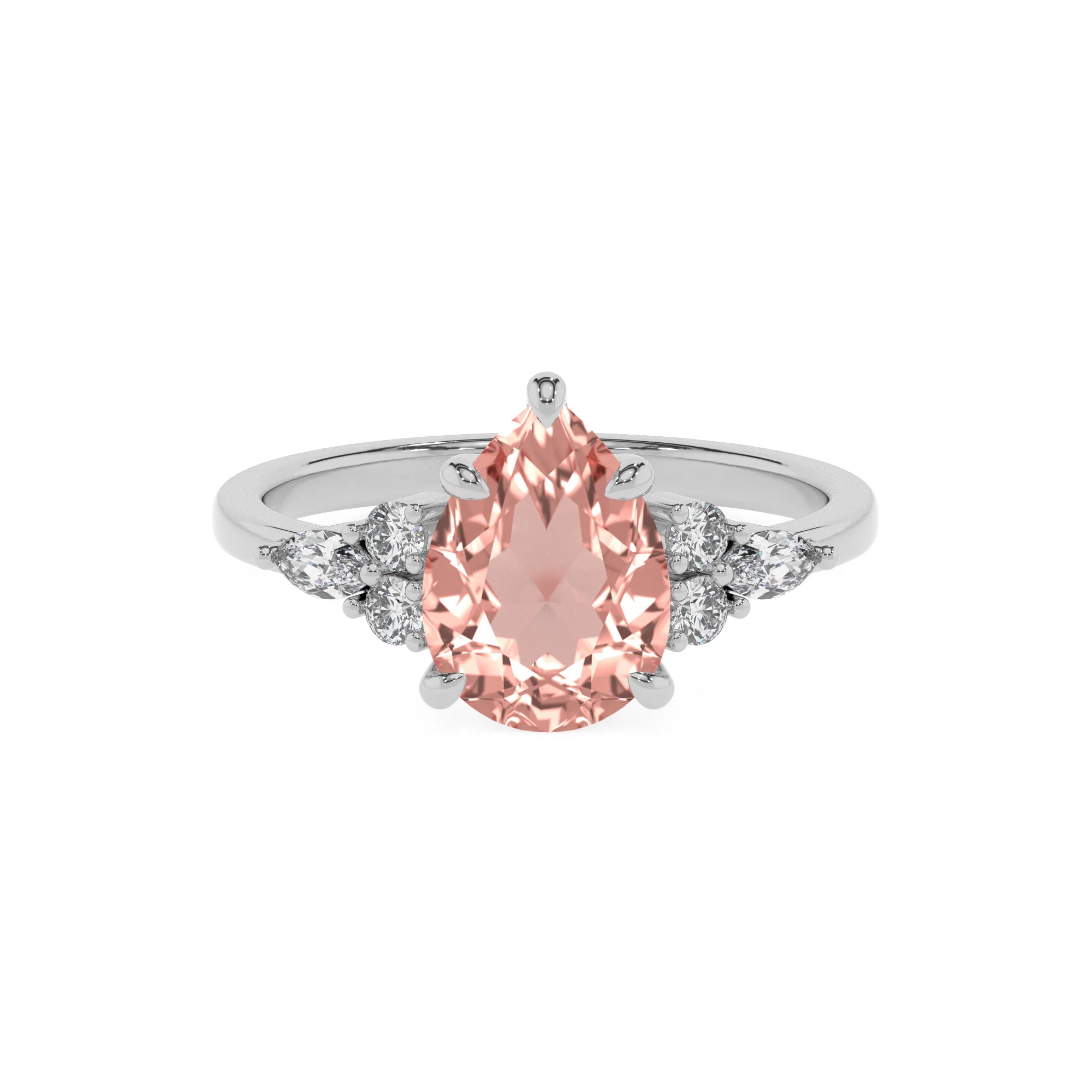 lab grown morganite pear solitaire rings in white gold