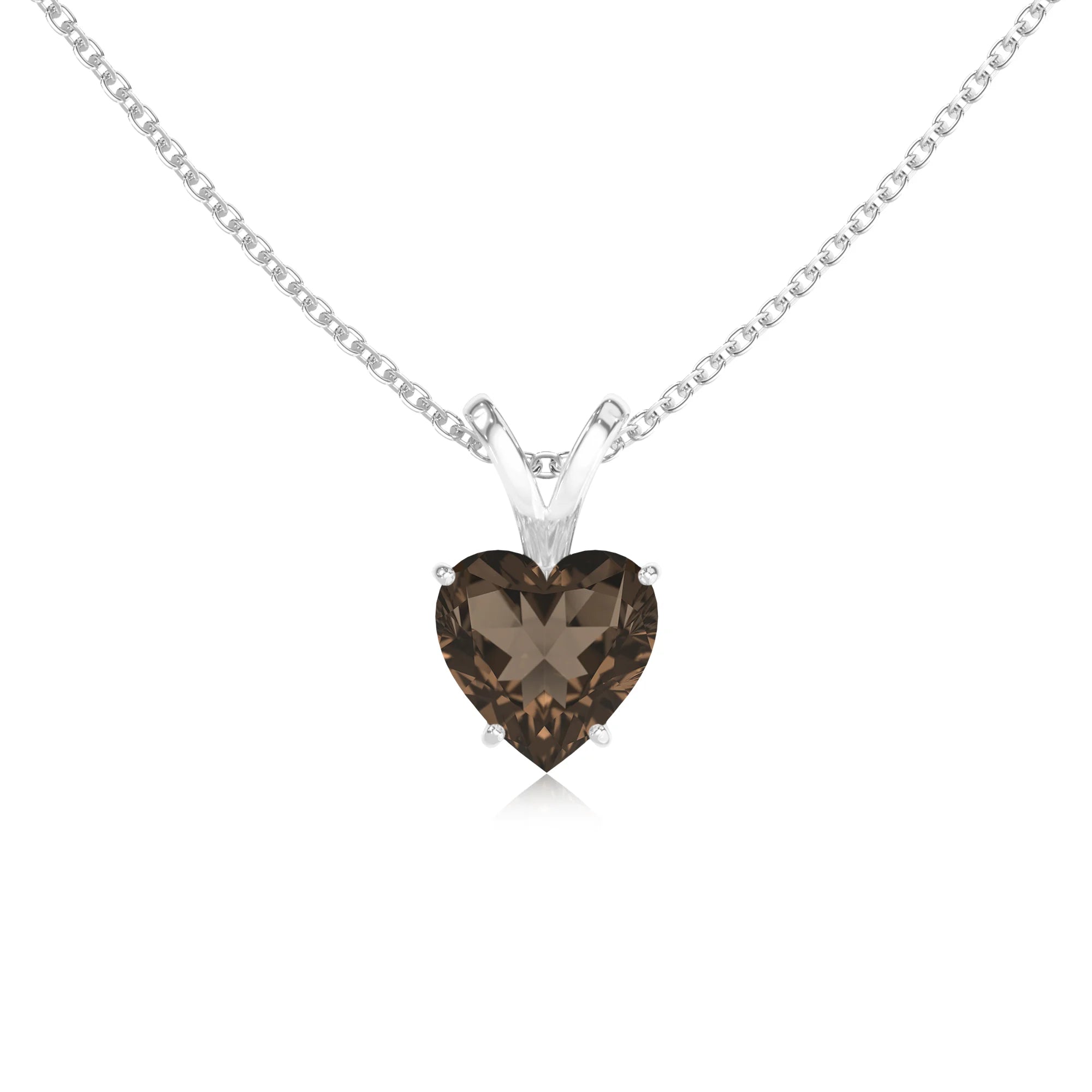 natural smoky-quartz heart solitaire v-bale necklaces in platinum