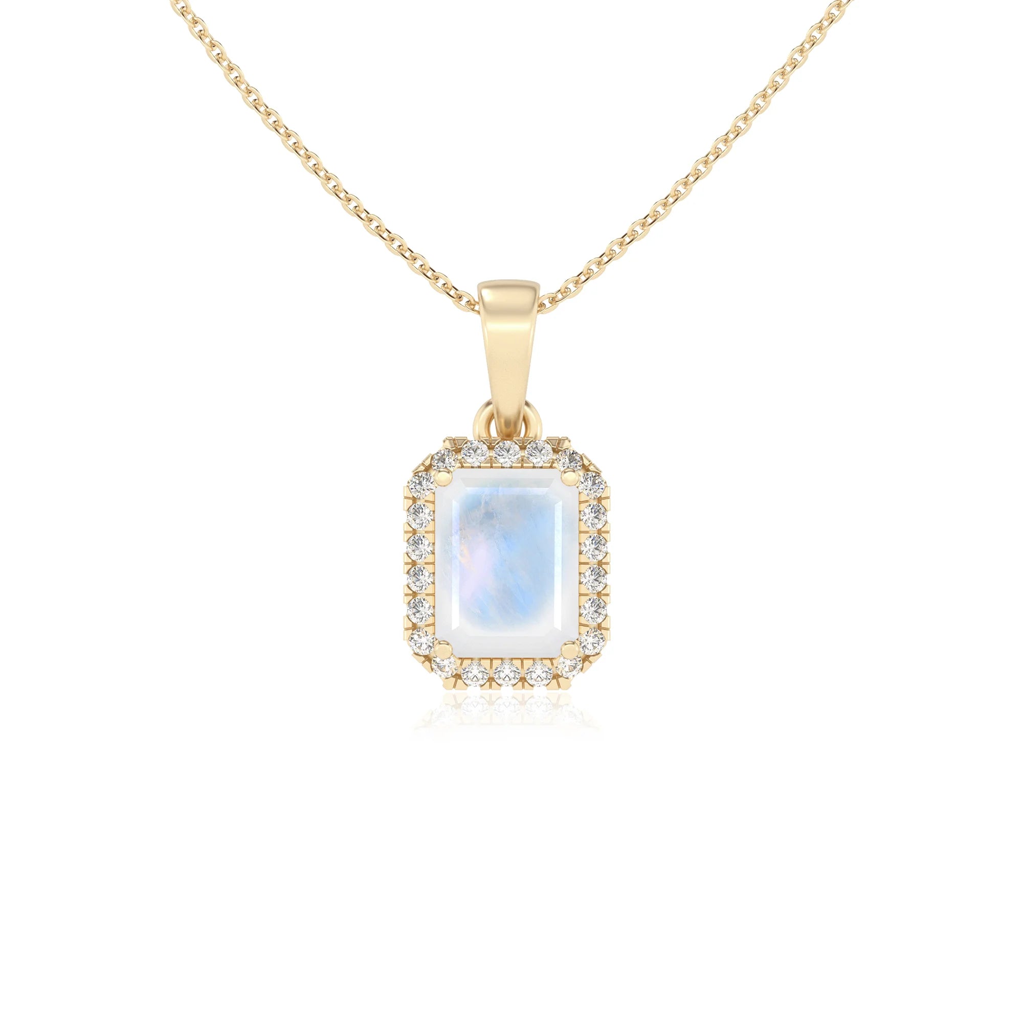 natural rainbow-moonstone emerald cut solitaire necklaces in yellow gold