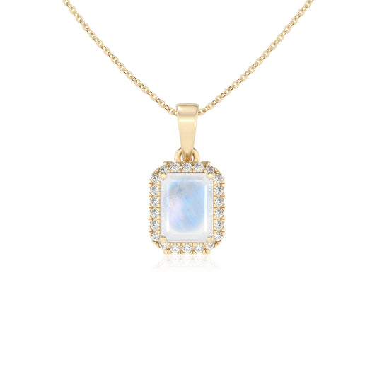 natural rainbow-moonstone emerald cut solitaire necklaces in yellow gold