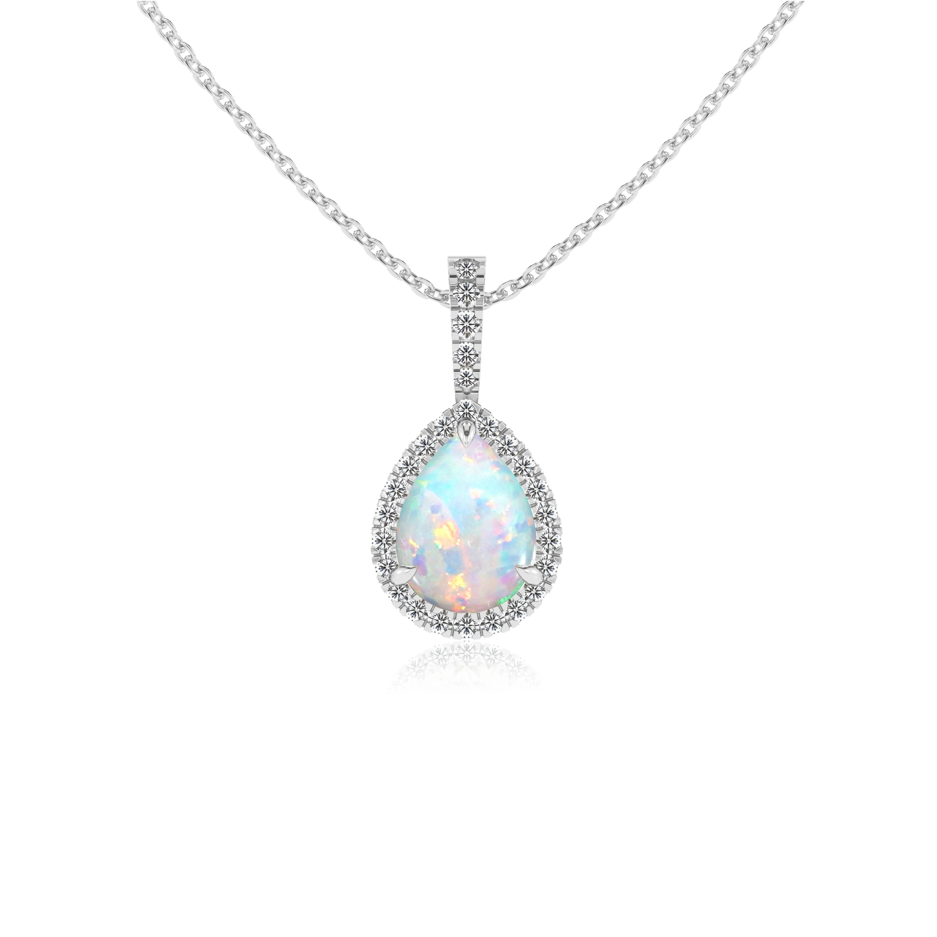 lab grown opal pear solitaire necklaces in white gold