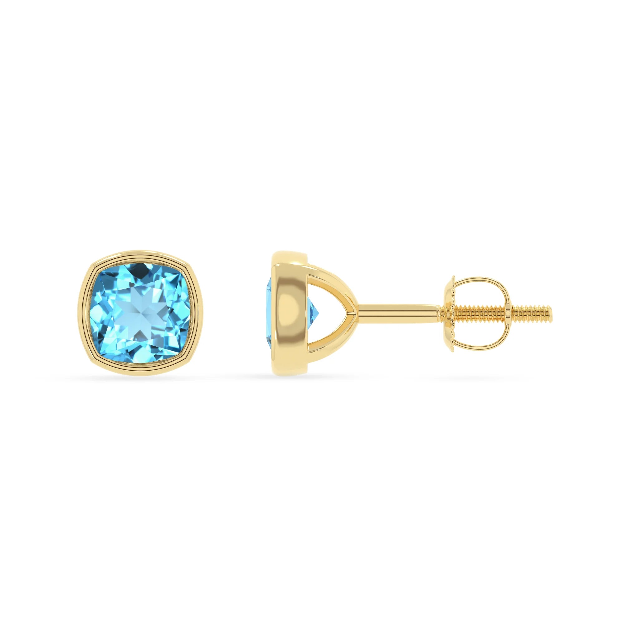 natural swiss blue topaz cushion stud earrings in yellow gold