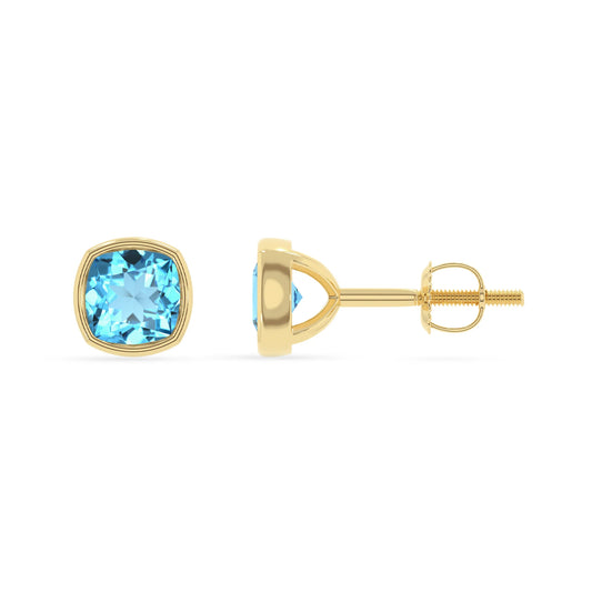natural swiss blue topaz cushion stud earrings in yellow gold