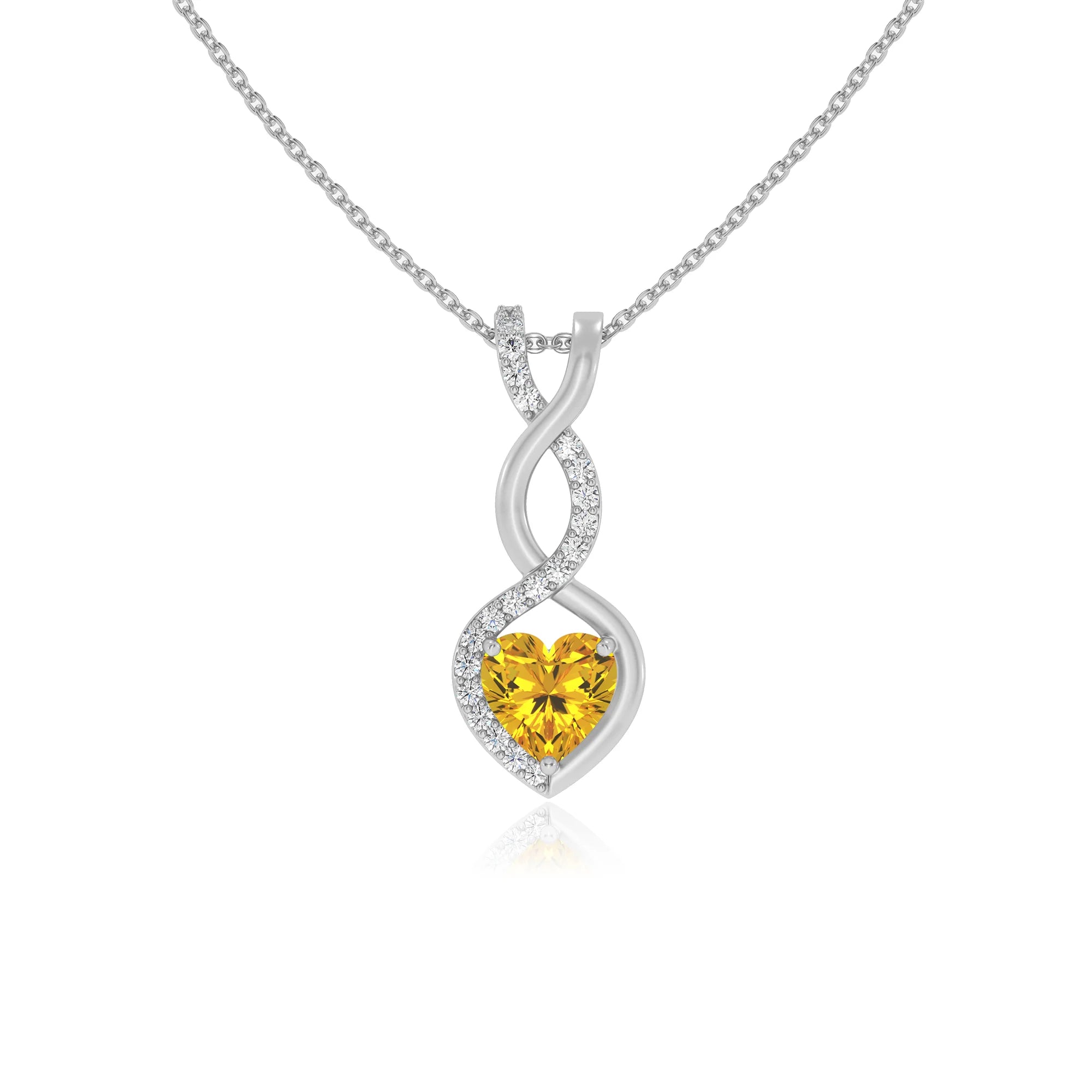 lab grown yellow-sapphire heart infinity necklaces in sterling silver