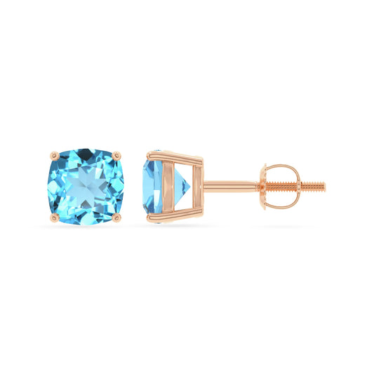 natural swiss blue topaz cushion stud earrings in rose gold