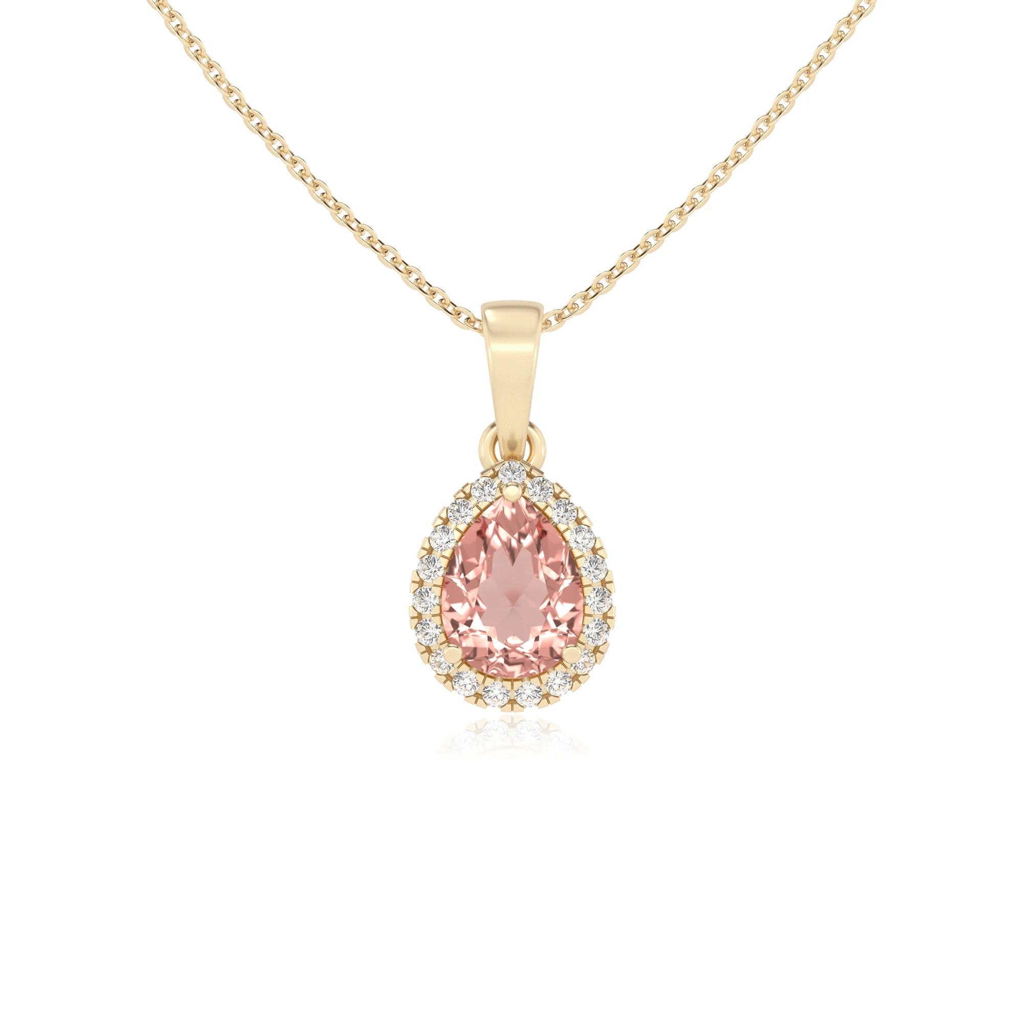 lab grown morganite pear solitaire necklaces in yellow gold