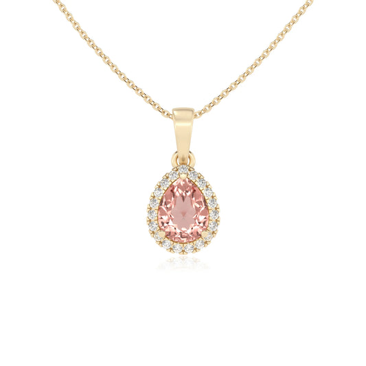 lab grown morganite pear solitaire necklaces in yellow gold