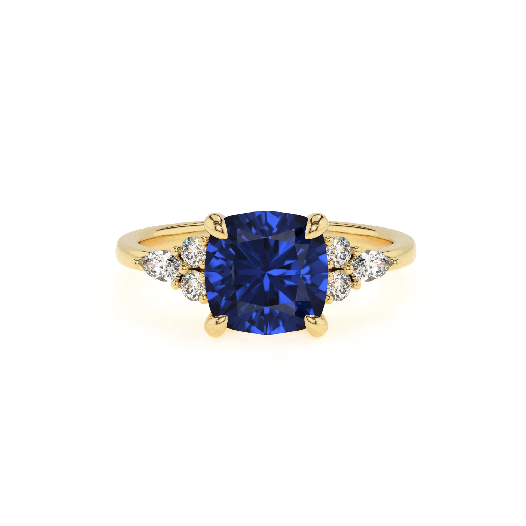 lab grown blue-sapphire cushion solitaire rings in yellow gold