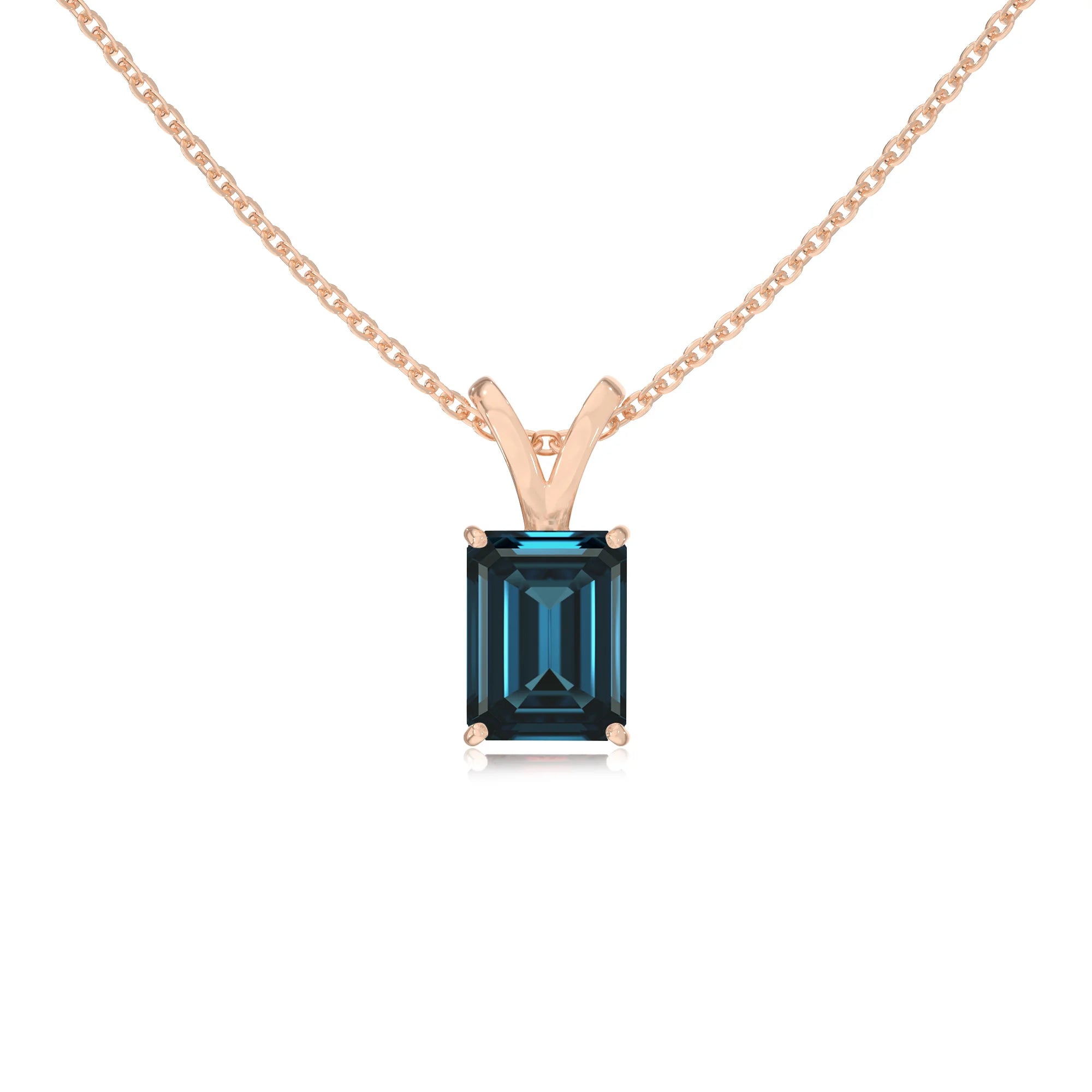 natural london-blue-topaz emerald cut solitaire v-bale necklaces in rose gold