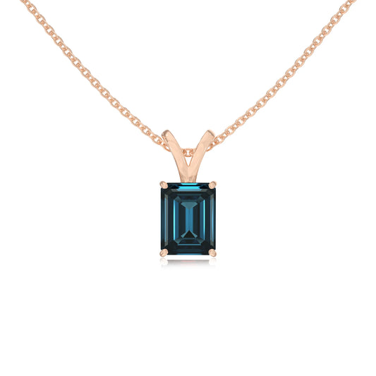 natural london-blue-topaz emerald cut solitaire v-bale necklaces in rose gold