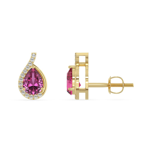 lab grown pink sapphire pear stud earrings in yellow gold