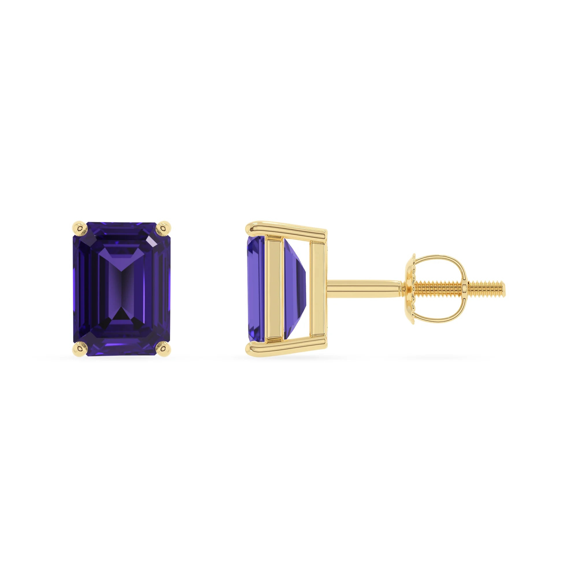 lab grown tanzanite emerald cut stud earrings in yellow gold