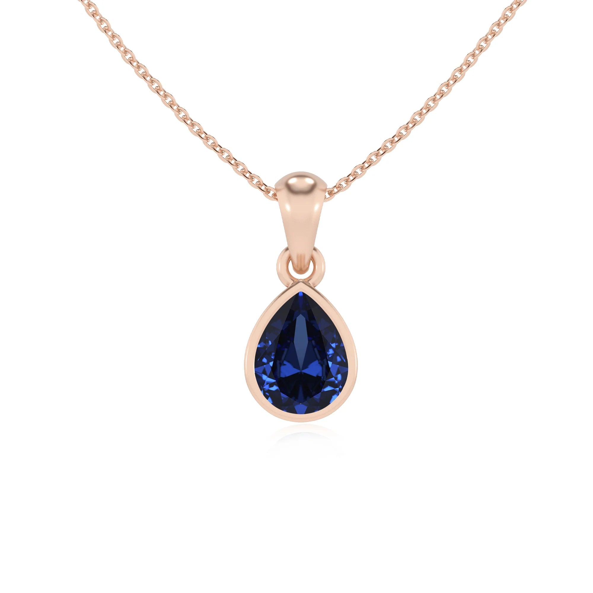 lab grown blue-sapphire pear solitaire necklaces in rose gold