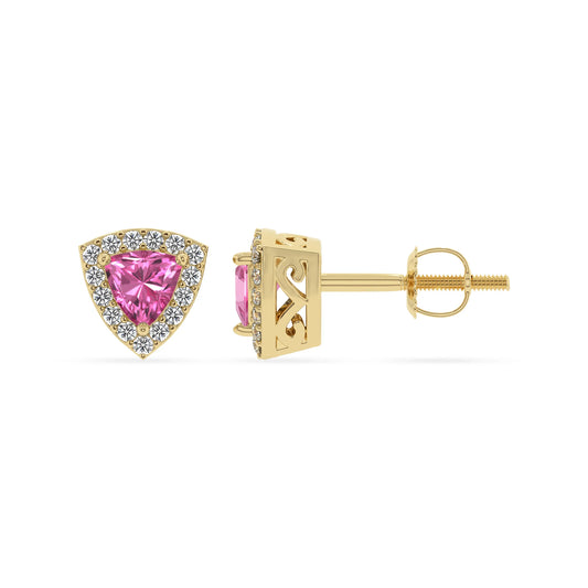 lab grown pink sapphire trillion stud earrings in yellow gold