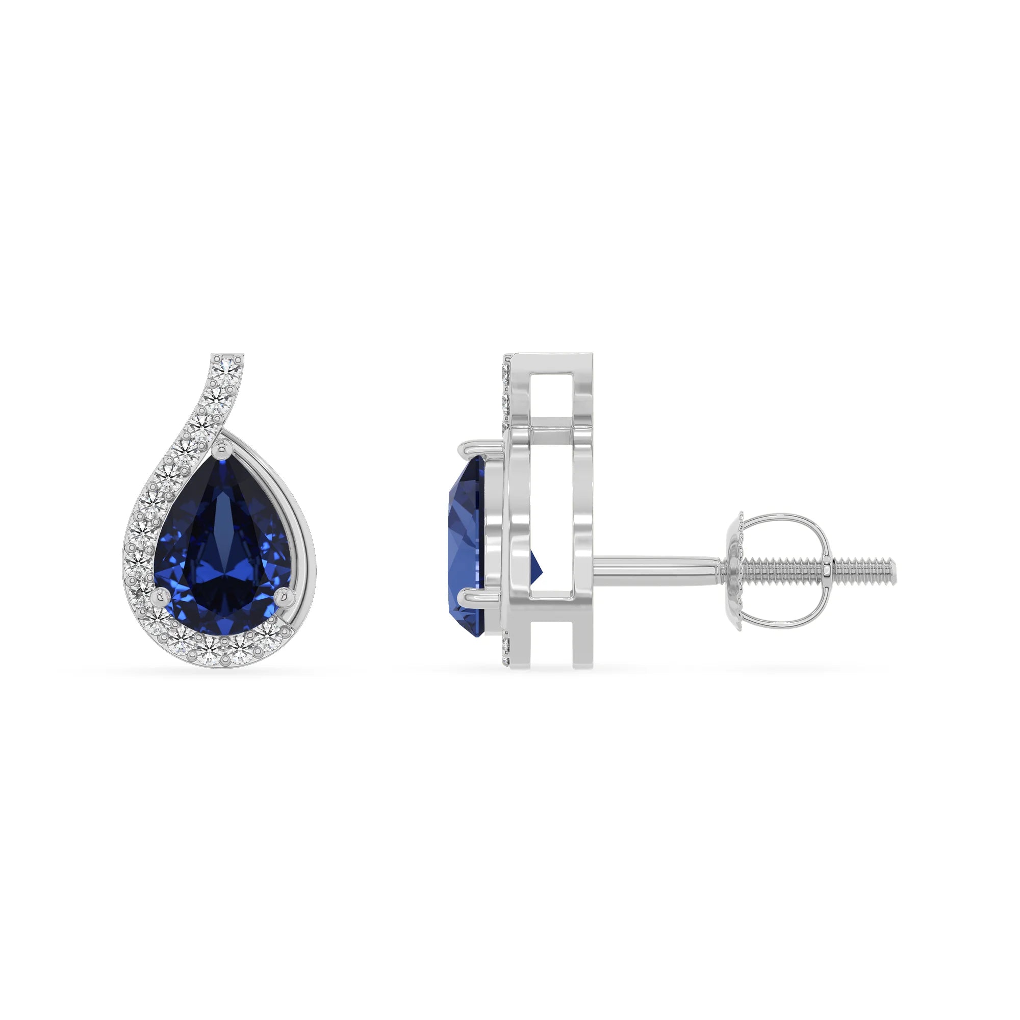 lab grown blue sapphire pear stud earrings in white gold