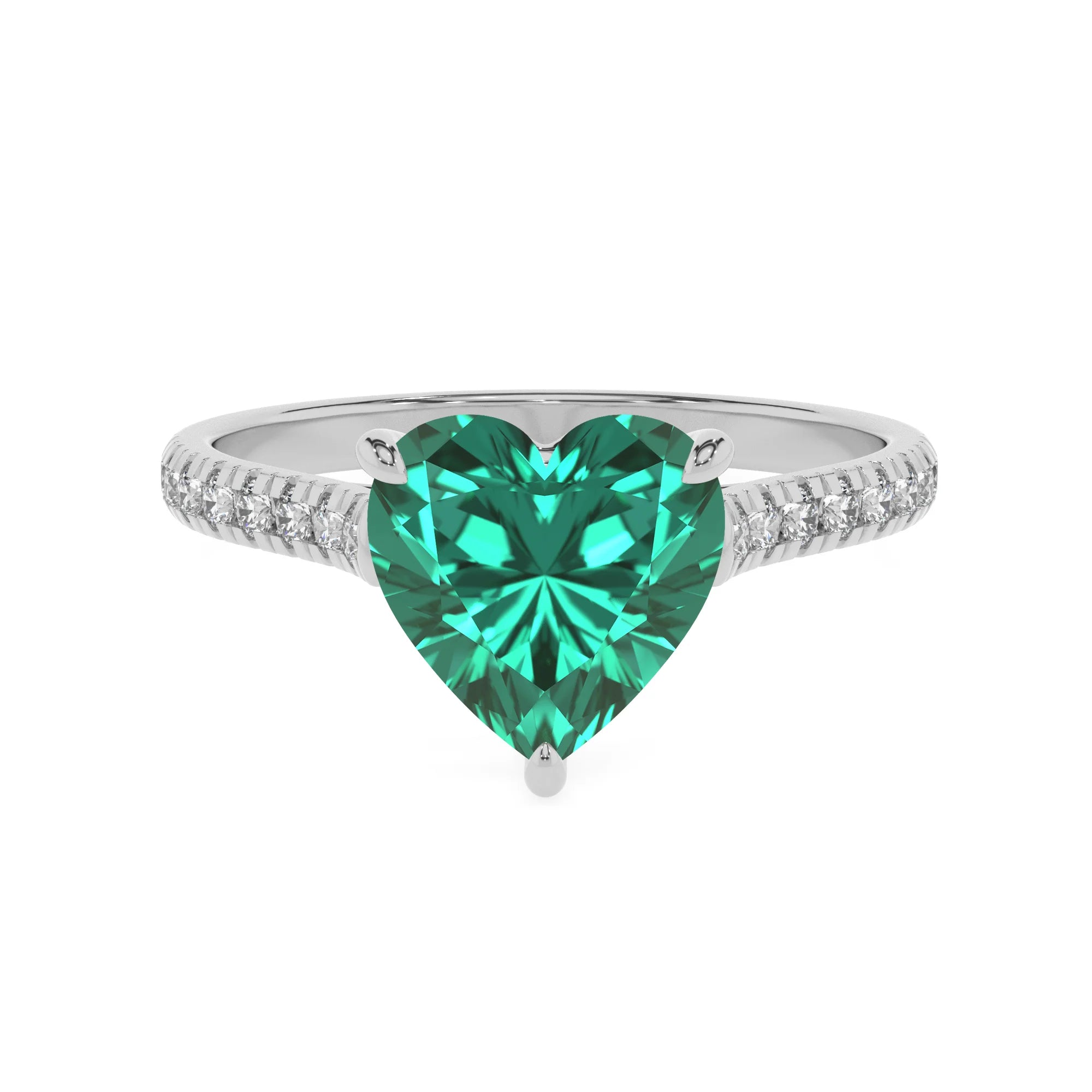 lab grown emerald heart half eternity solitaire engagement rings in white gold