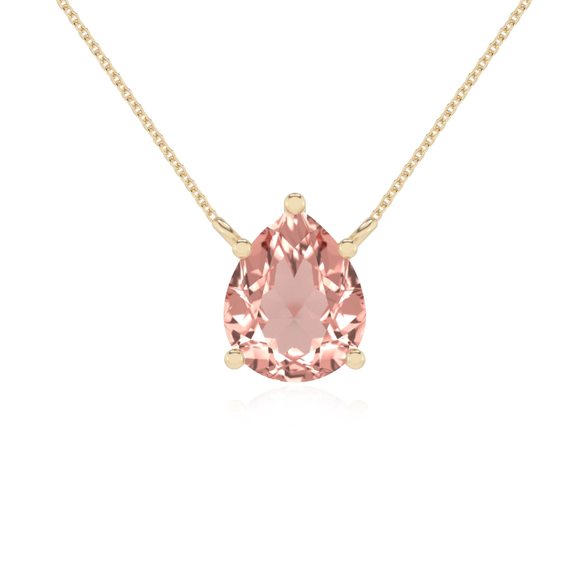 lab grown morganite pear solitaire necklaces in yellow gold