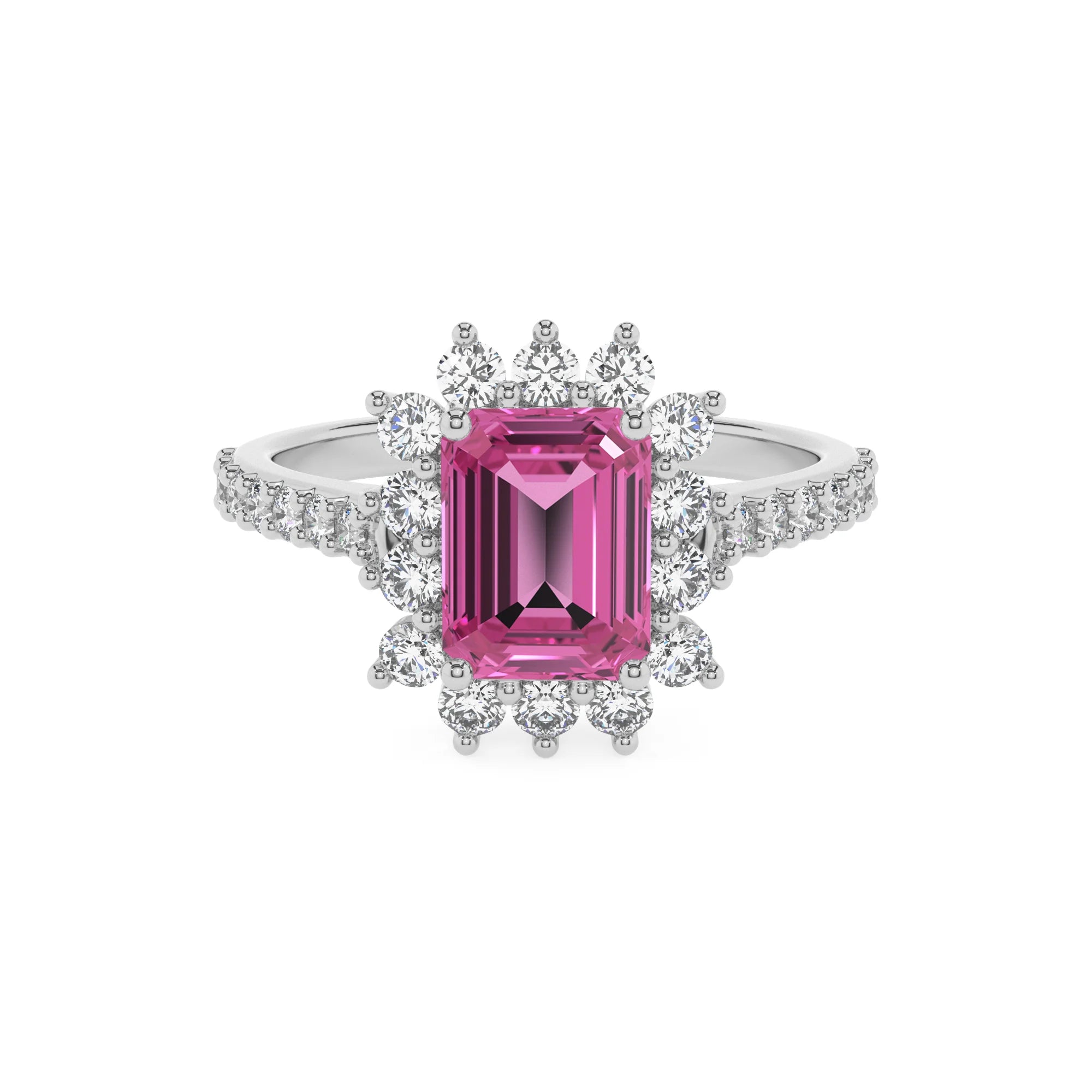 lab grown pink-sapphire emerald cut solitaire rings in platinum