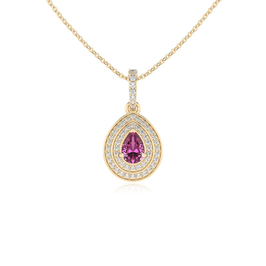 lab grown pink-sapphire pear halo necklaces in yellow gold
